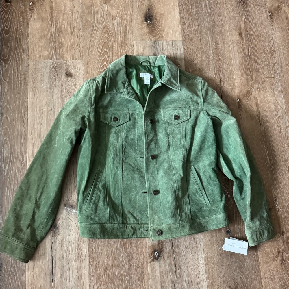 Charter Club‎ NWT Light Green Suede Leather Button Front Trucker Jacket Size M